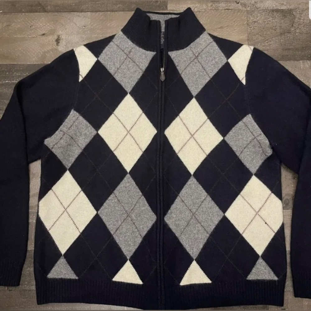Brooks Brothers Scottish Lambswool Diamond Argyle Zip Sweater Mens Size L